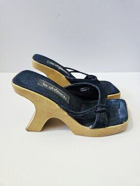 Vintage 90s Le Chateau Wooden Platform Heels Size 7 Denim Y2K